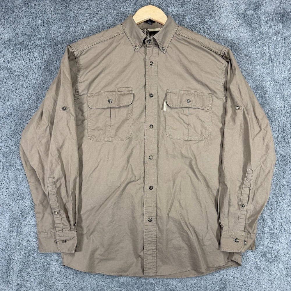 Vintage TAG Safari Shirt Mens L Khaki 100% Cotton Netting Vented Hunting Outdoor